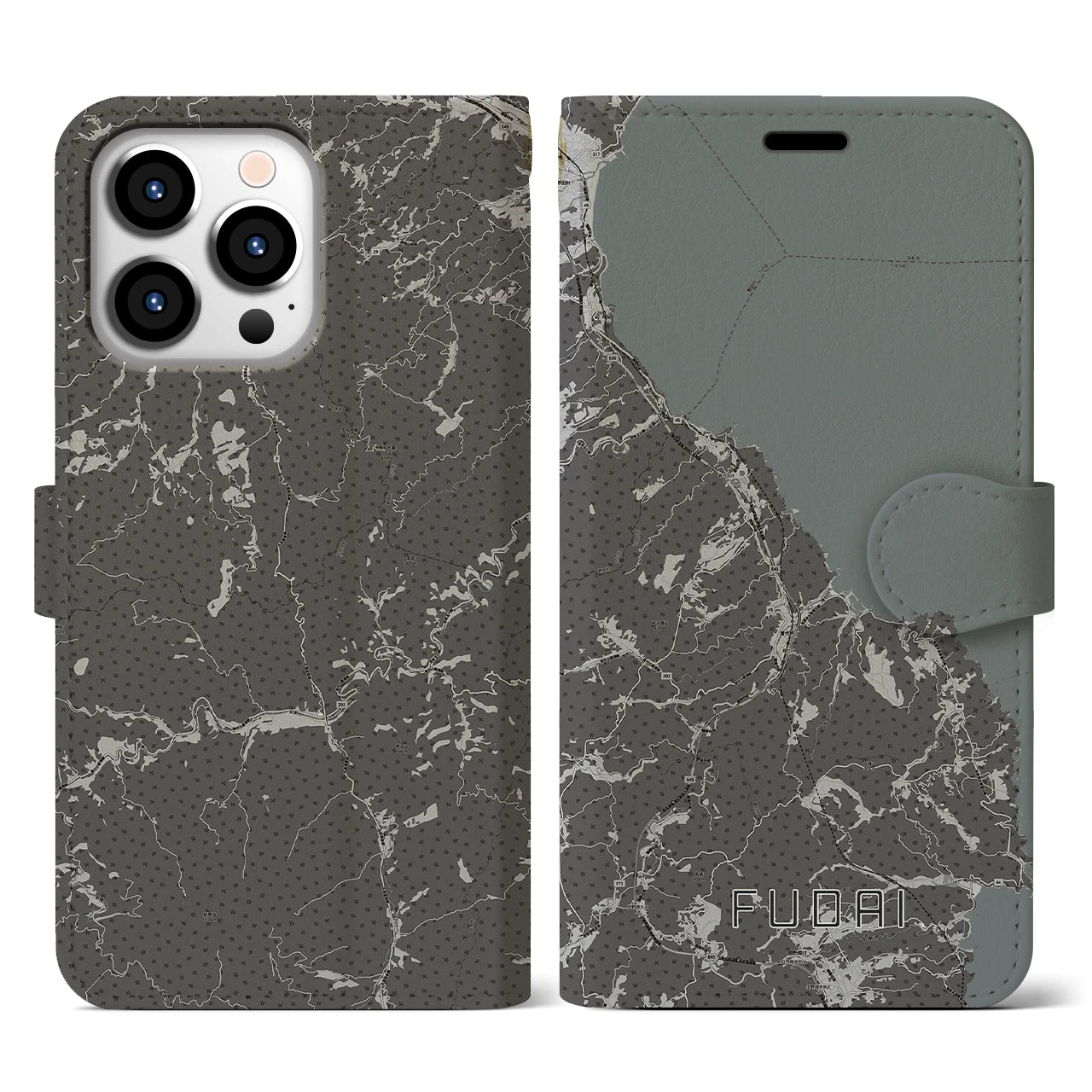 【普代(岩手県)】地図柄iPhoneケース(手帳タイプ)モノトーン・iPhone 13 Pro 用