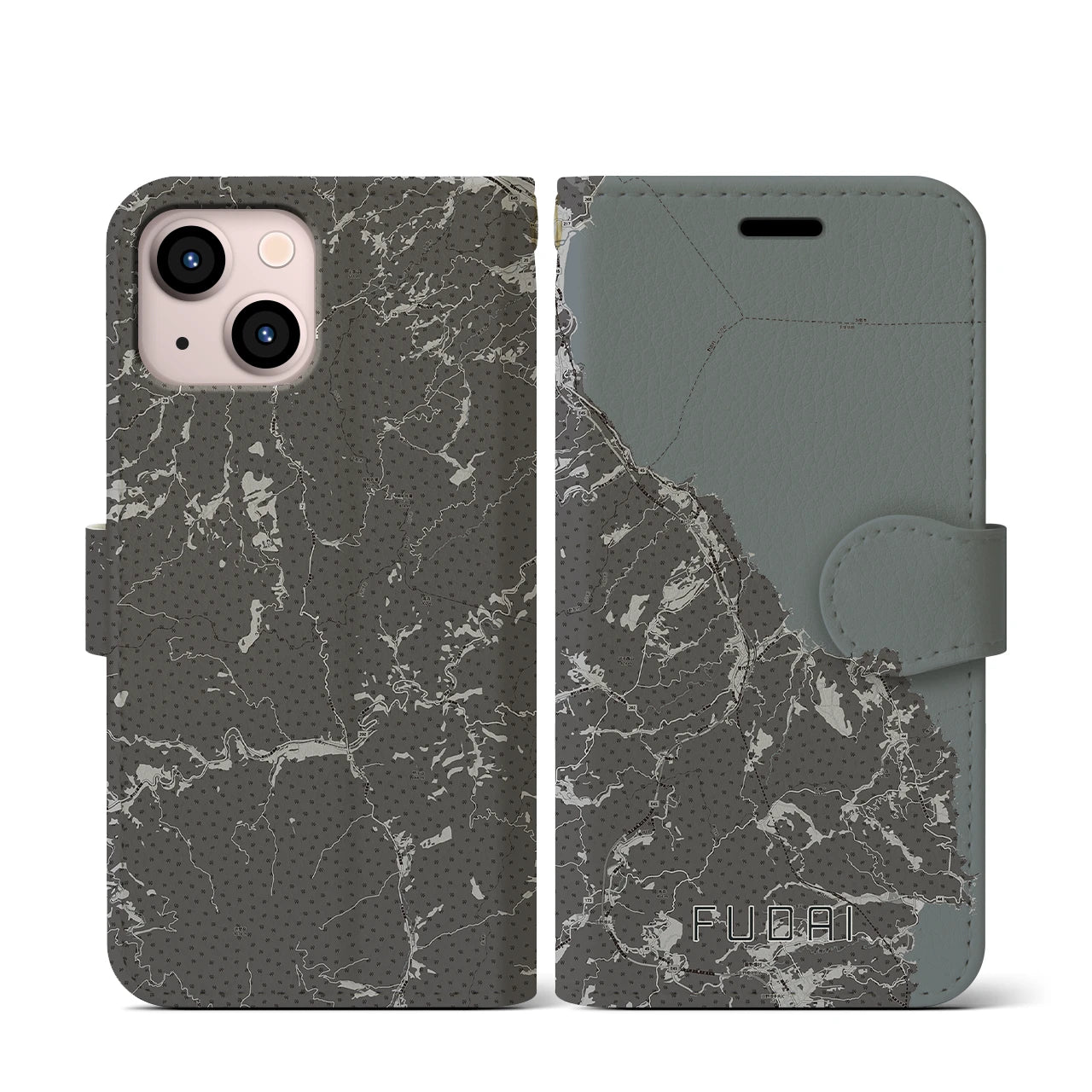 【普代(岩手県)】地図柄iPhoneケース(手帳タイプ)モノトーン・iPhone 13 mini 用