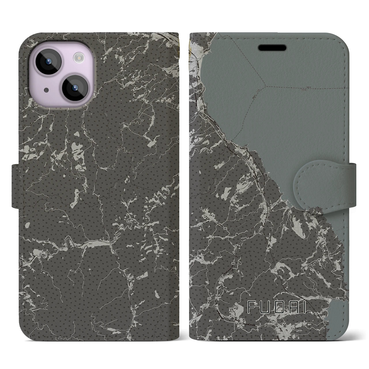 【普代(岩手県)】地図柄iPhoneケース(手帳タイプ)モノトーン・iPhone 14 用