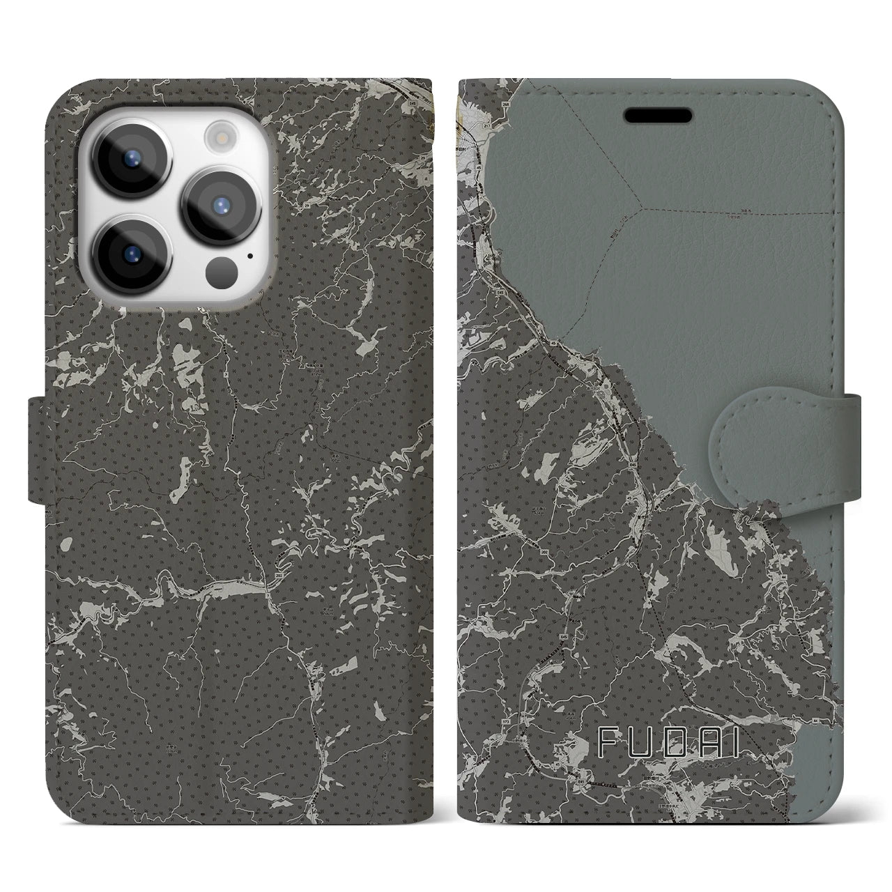 【普代(岩手県)】地図柄iPhoneケース(手帳タイプ)モノトーン・iPhone 14 Pro 用
