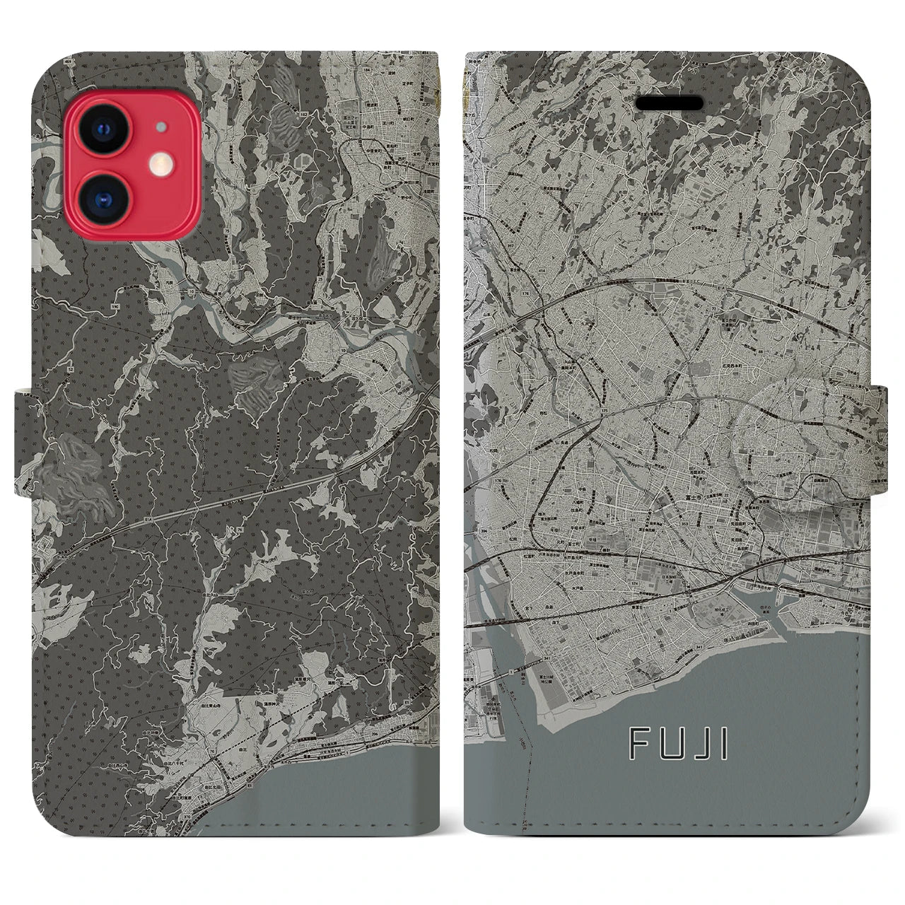【富士(静岡県)】地図柄iPhoneケース(手帳タイプ)モノトーン・iPhone 11 用