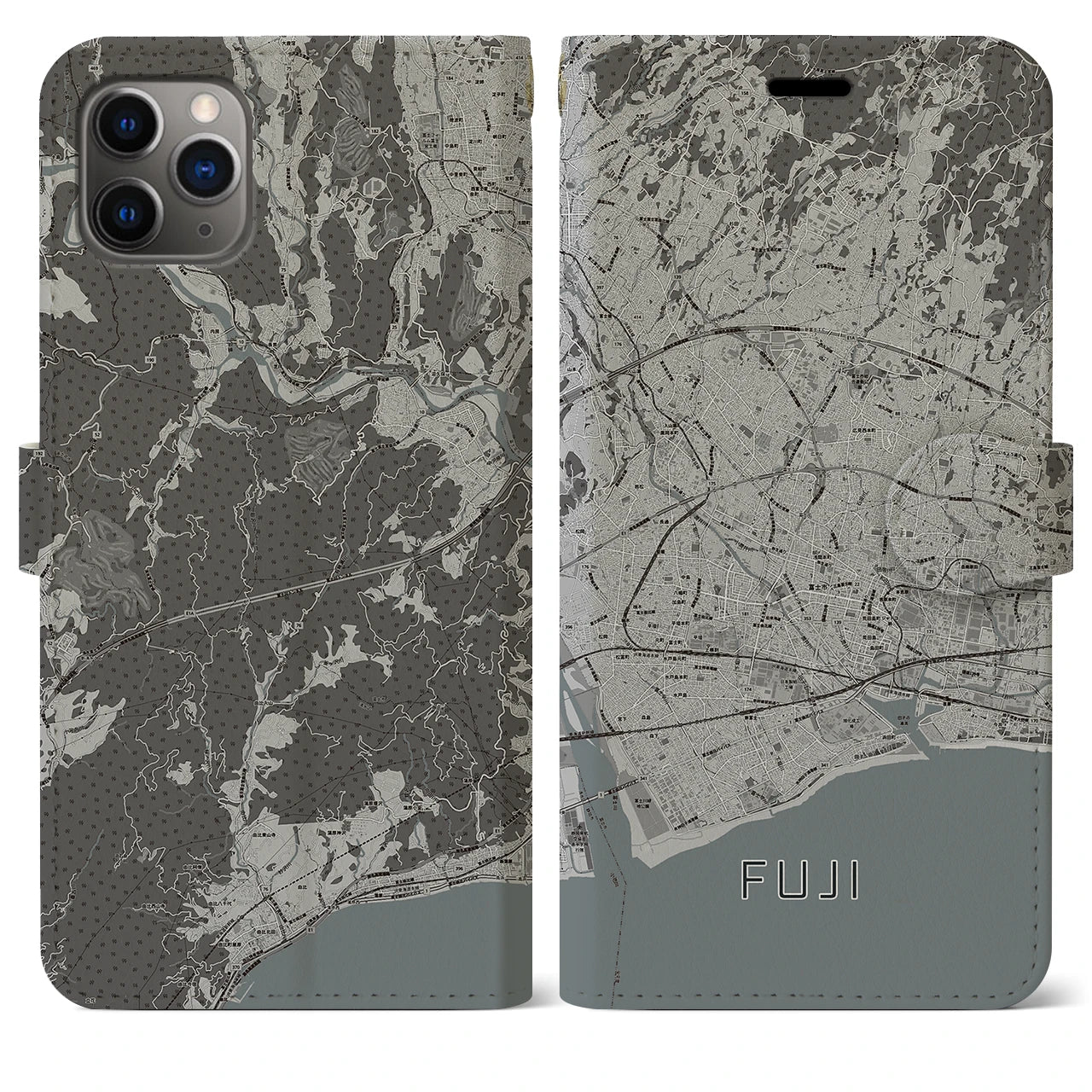 【富士(静岡県)】地図柄iPhoneケース(手帳タイプ)モノトーン・iPhone 11 Pro Max 用