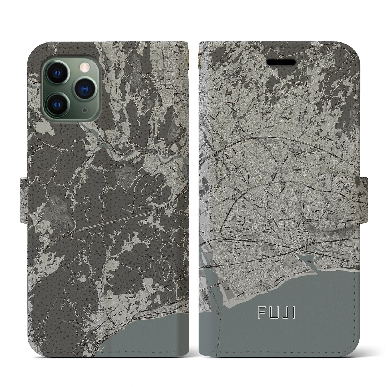 【富士(静岡県)】地図柄iPhoneケース(手帳タイプ)モノトーン・iPhone 11 Pro 用