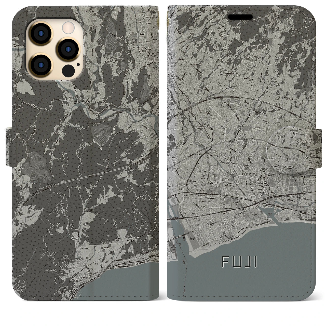 【富士(静岡県)】地図柄iPhoneケース(手帳タイプ)モノトーン・iPhone 12 Pro Max 用