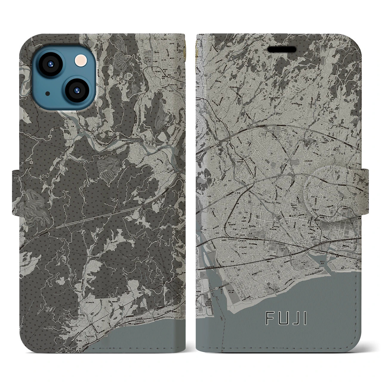 【富士(静岡県)】地図柄iPhoneケース(手帳タイプ)モノトーン・iPhone 13 用