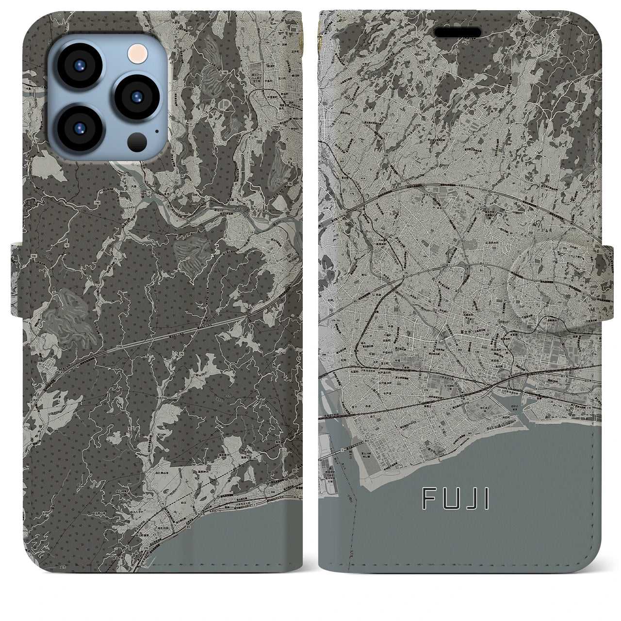 【富士(静岡県)】地図柄iPhoneケース(手帳タイプ)モノトーン・iPhone 13 Pro Max 用