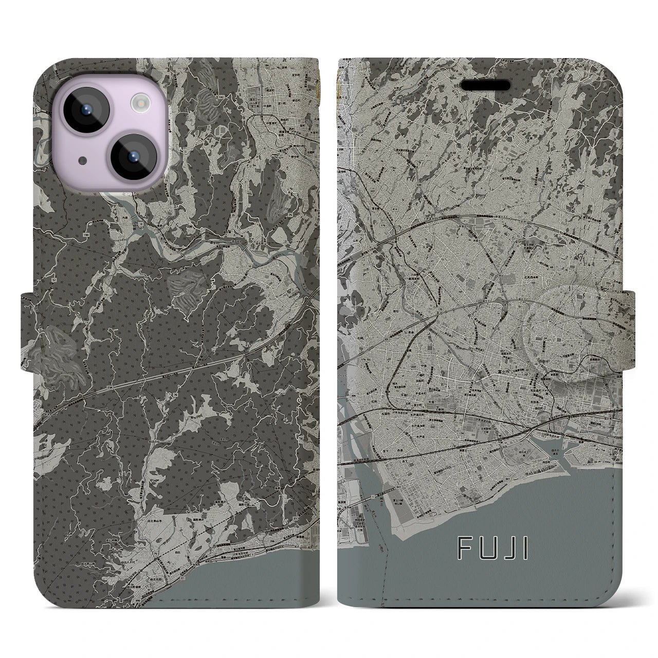 【富士(静岡県)】地図柄iPhoneケース(手帳タイプ)モノトーン・iPhone 14 用