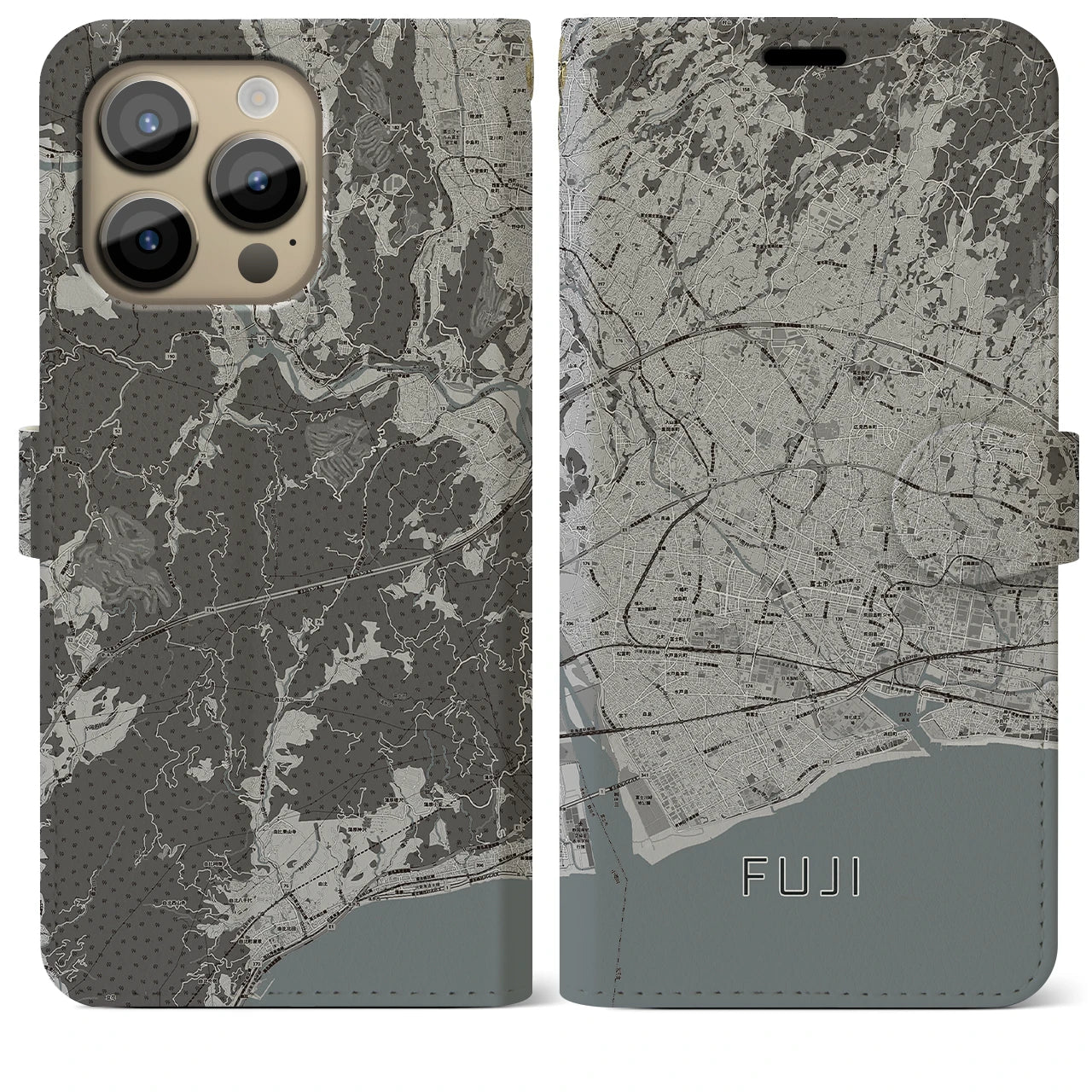 【富士(静岡県)】地図柄iPhoneケース(手帳タイプ)モノトーン・iPhone 14 Pro Max 用