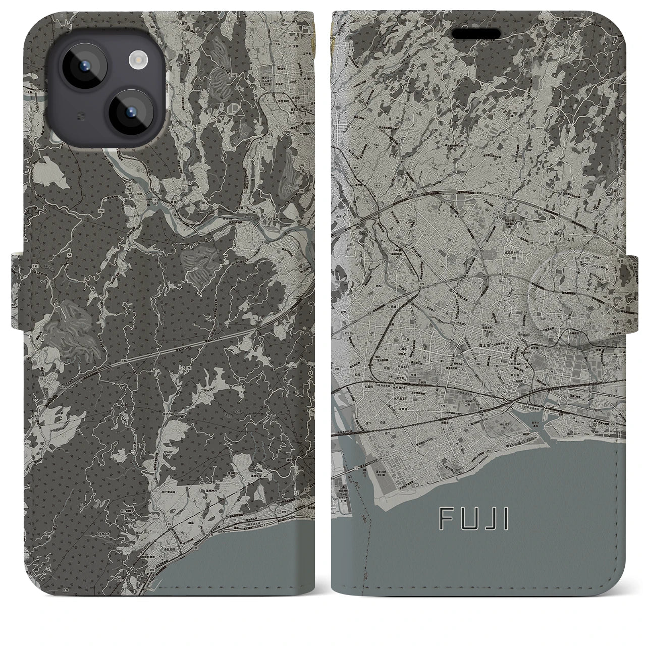 【富士(静岡県)】地図柄iPhoneケース(手帳タイプ)モノトーン・iPhone 14 Plus 用