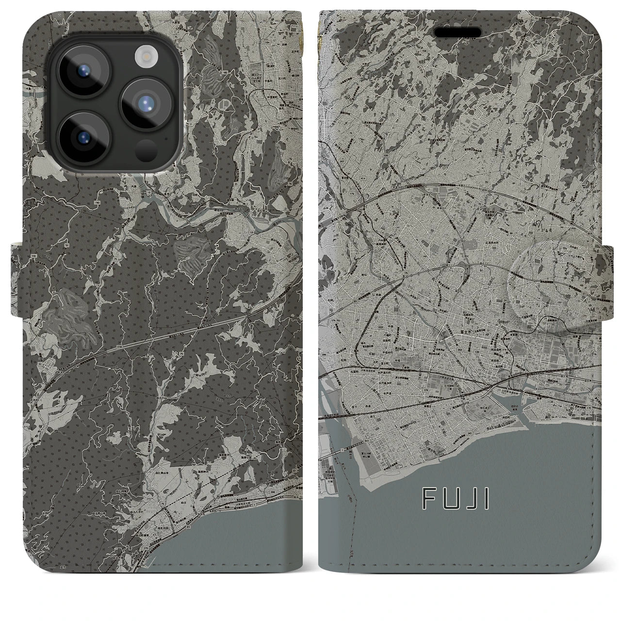 【富士(静岡県)】地図柄iPhoneケース(手帳タイプ)モノトーン・iPhone 15 Pro Max 用
