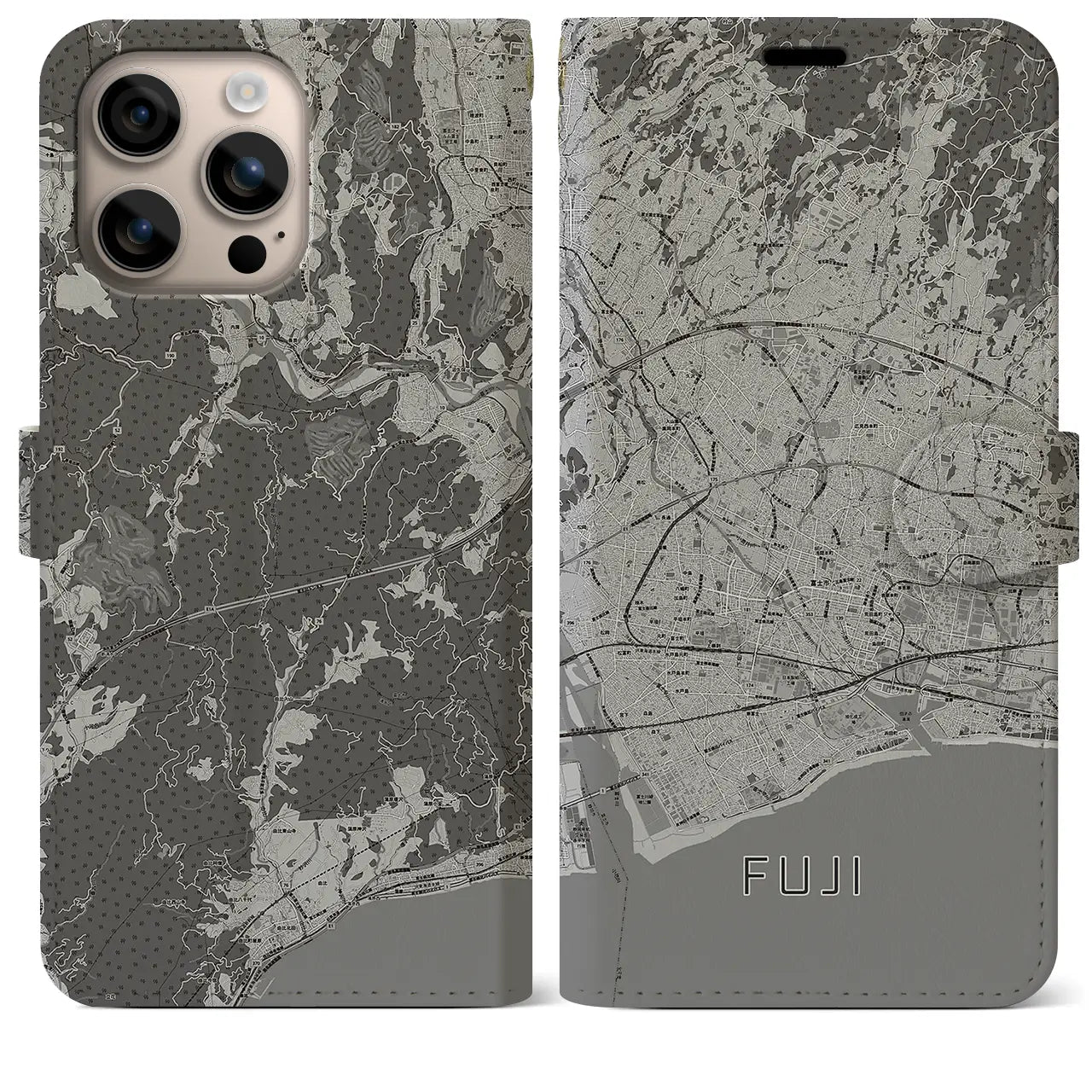 【富士(静岡県)】地図柄iPhoneケース(手帳タイプ)モノトーン・iPhone 16 Plus 用