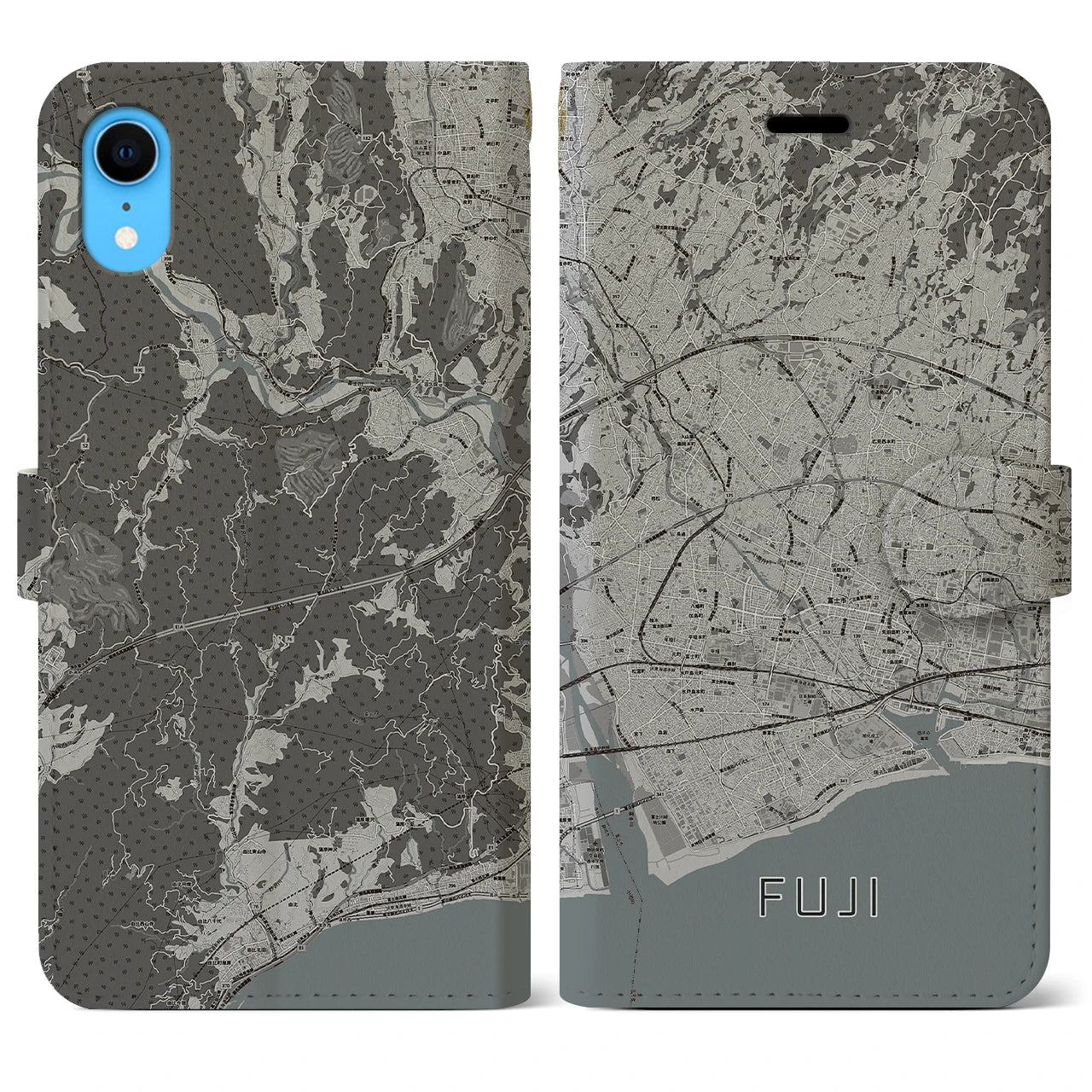 【富士(静岡県)】地図柄iPhoneケース(手帳タイプ)モノトーン・iPhone XR 用