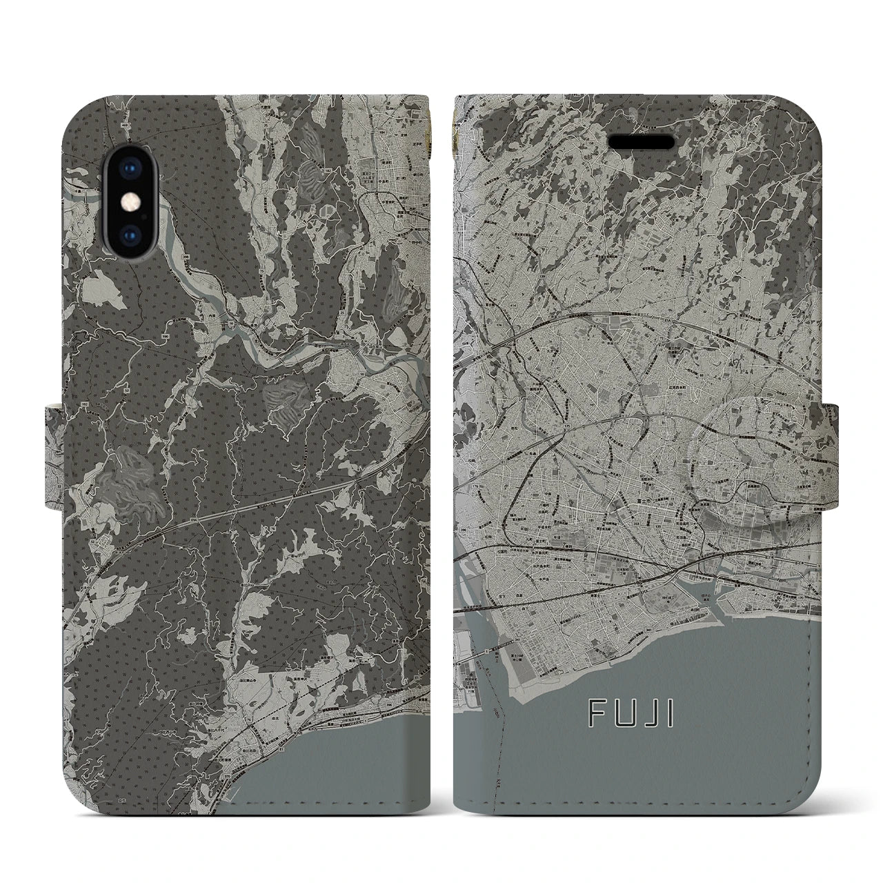 【富士(静岡県)】地図柄iPhoneケース(手帳タイプ)モノトーン・iPhone XS / X 用