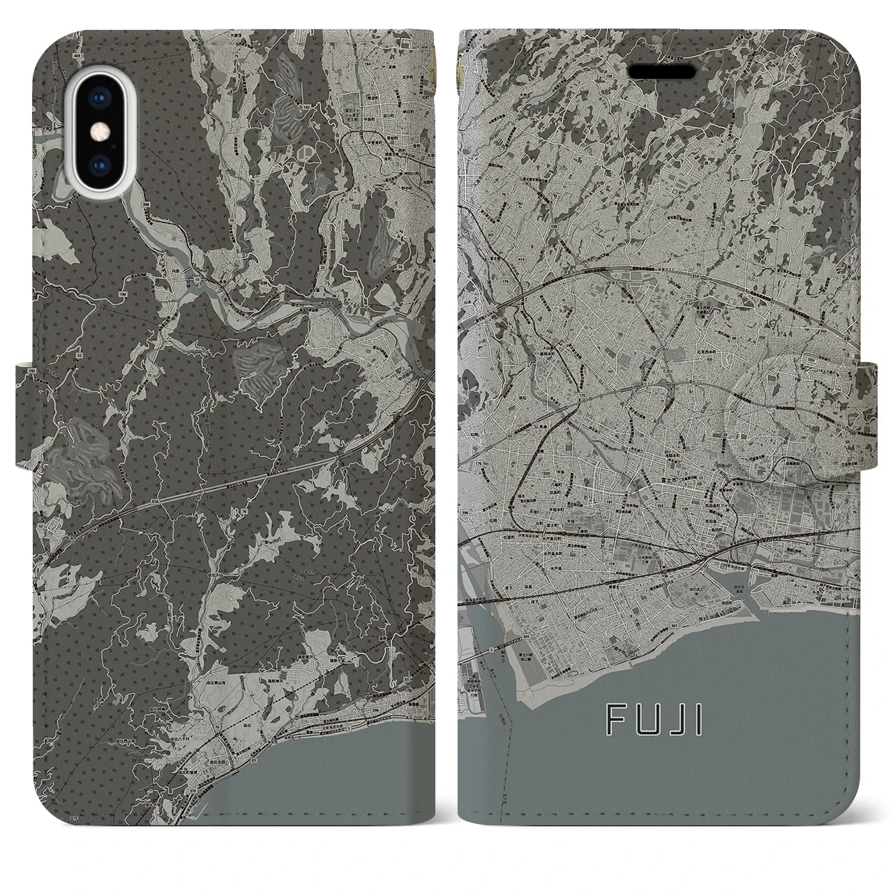【富士(静岡県)】地図柄iPhoneケース(手帳タイプ)モノトーン・iPhone XS Max 用