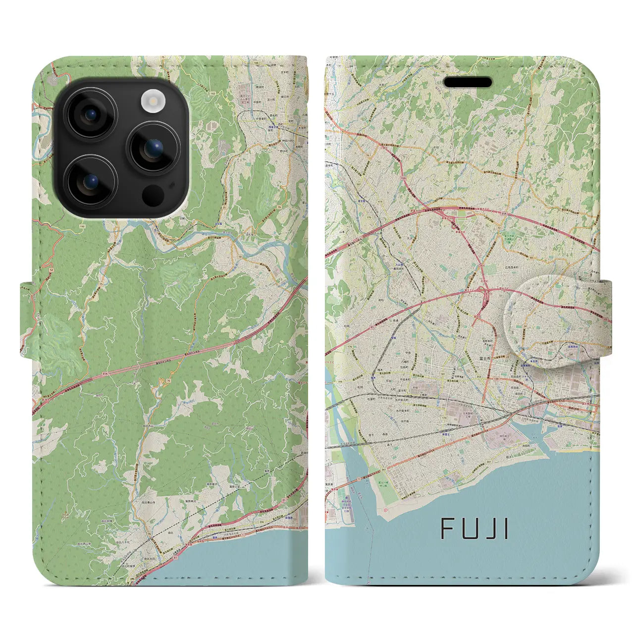 【富士(静岡県)】地図柄iPhoneケース(手帳タイプ)ナチュラル・iPhone 16 用
