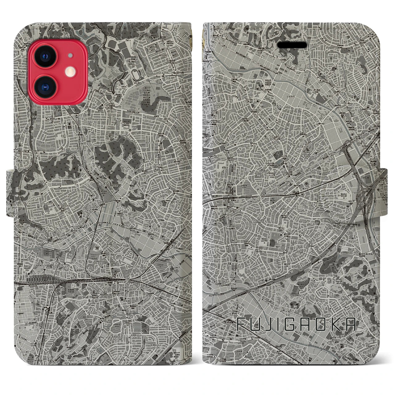 【藤が丘(神奈川県)】地図柄iPhoneケース(手帳タイプ)モノトーン・iPhone 11 用