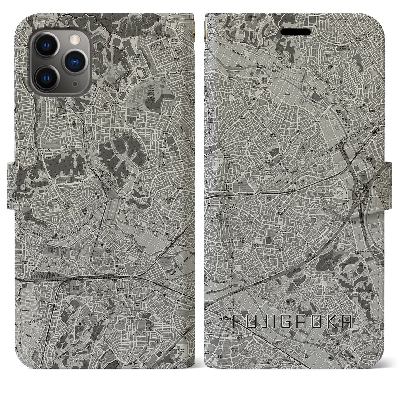 【藤が丘(神奈川県)】地図柄iPhoneケース(手帳タイプ)モノトーン・iPhone 11 Pro Max 用