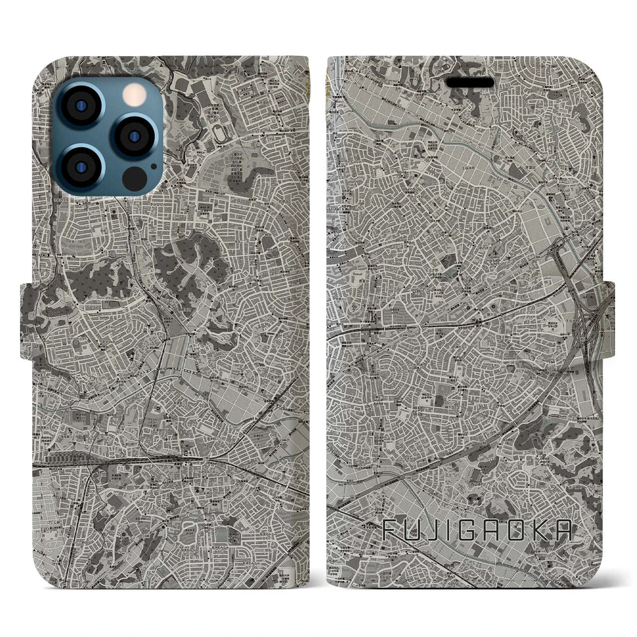 【藤が丘(神奈川県)】地図柄iPhoneケース(手帳タイプ)モノトーン・iPhone 12 / 12 Pro 用