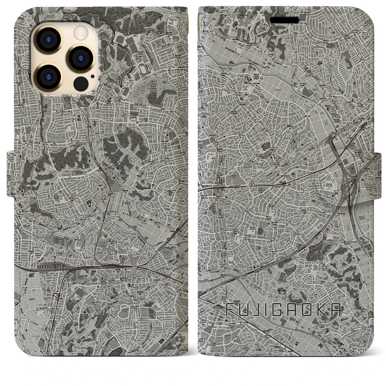 【藤が丘(神奈川県)】地図柄iPhoneケース(手帳タイプ)モノトーン・iPhone 12 Pro Max 用