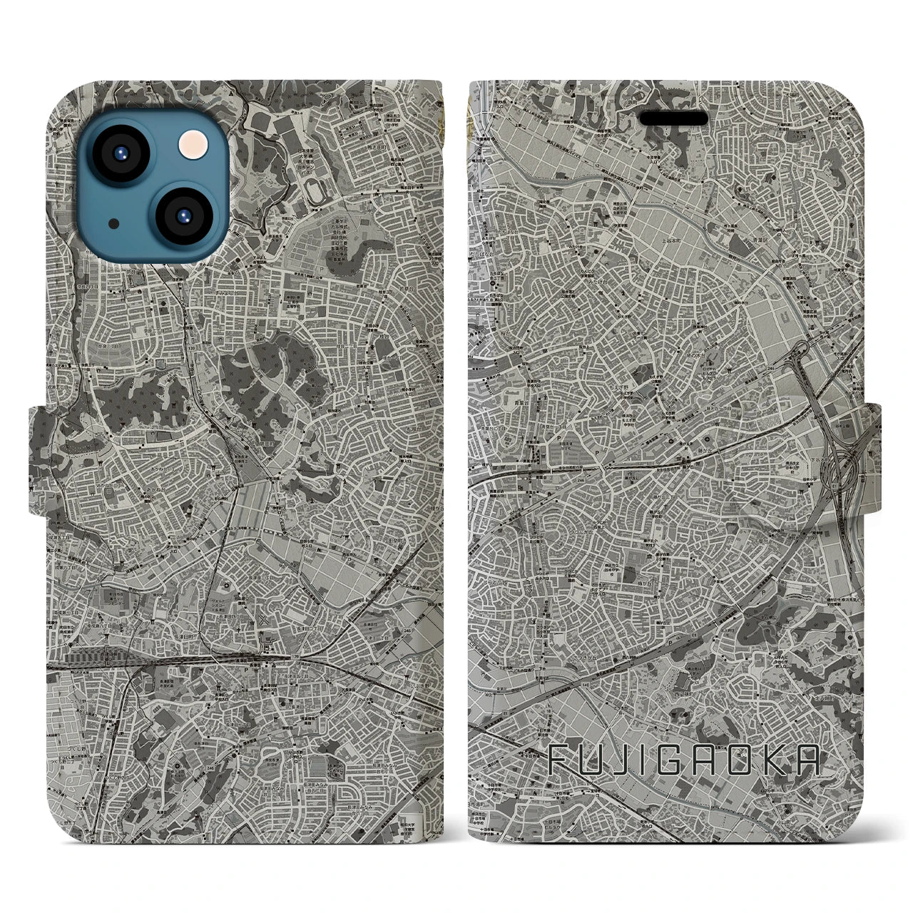 【藤が丘(神奈川県)】地図柄iPhoneケース(手帳タイプ)モノトーン・iPhone 13 用