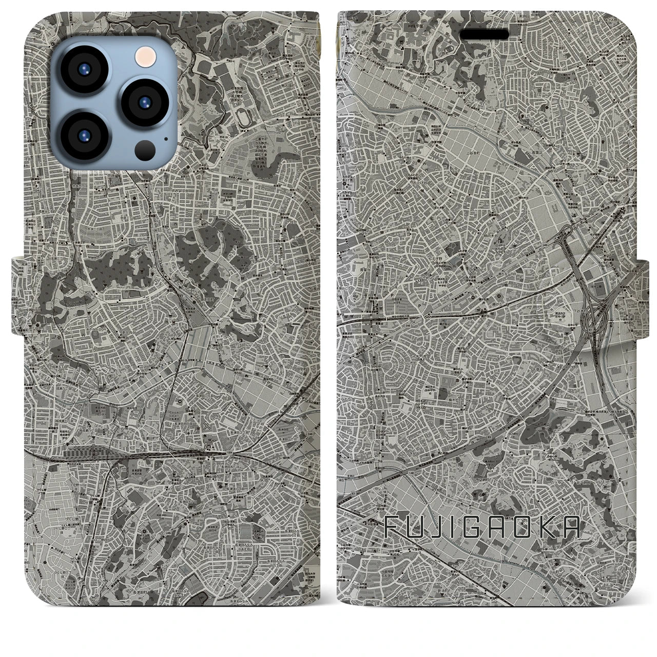 【藤が丘(神奈川県)】地図柄iPhoneケース(手帳タイプ)モノトーン・iPhone 13 Pro Max 用