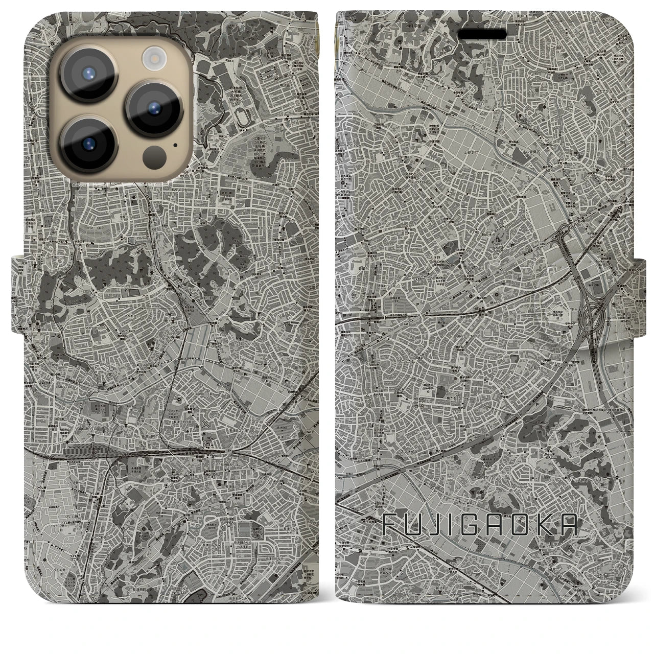 【藤が丘(神奈川県)】地図柄iPhoneケース(手帳タイプ)モノトーン・iPhone 14 Pro Max 用