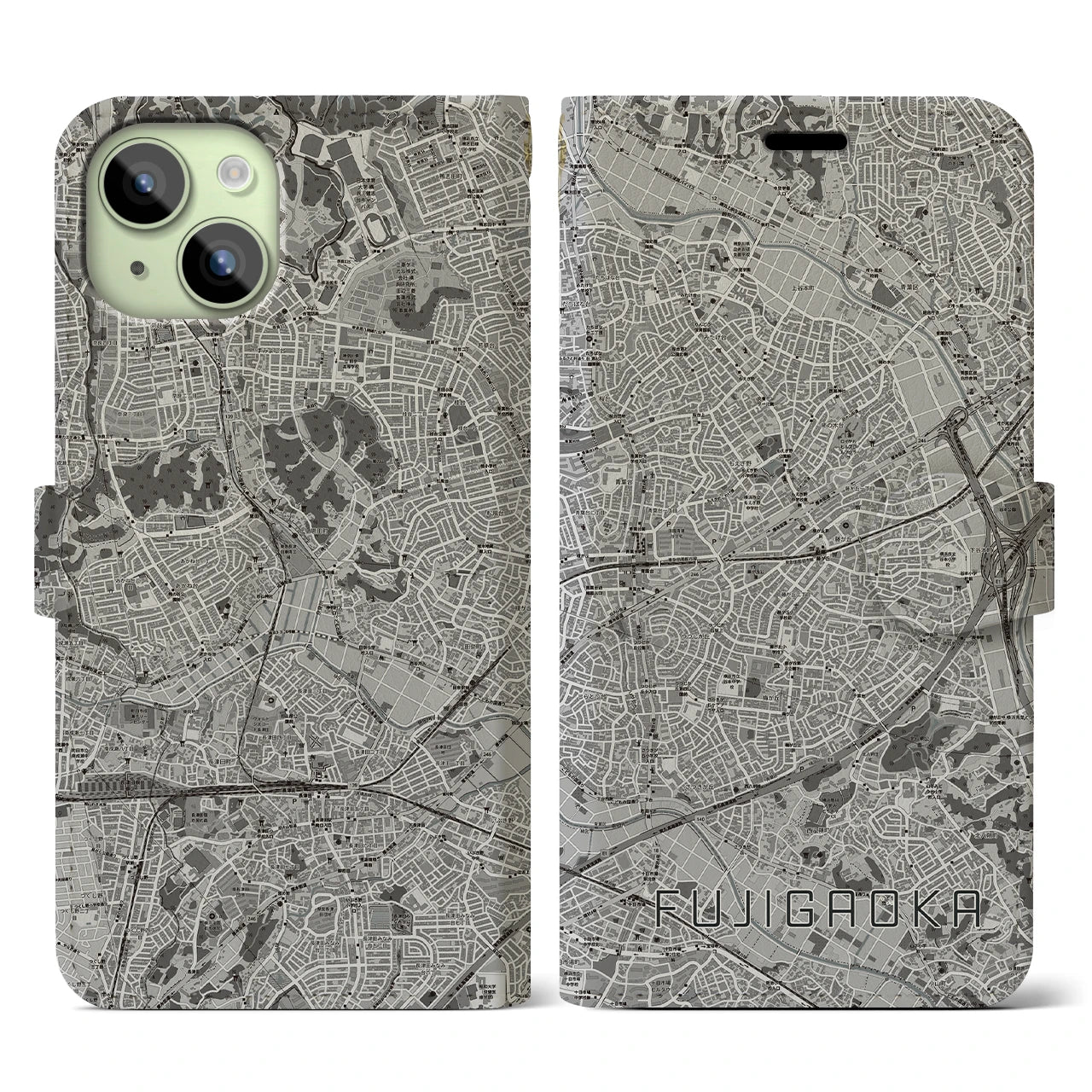 【藤が丘(神奈川県)】地図柄iPhoneケース(手帳タイプ)モノトーン・iPhone 15 用