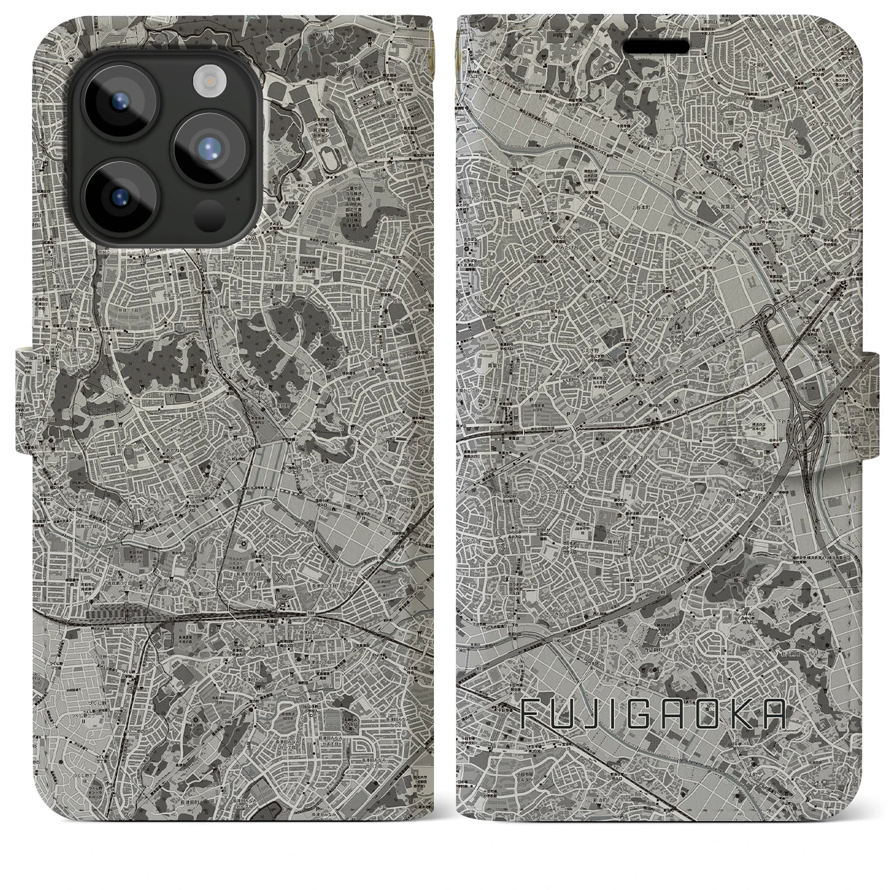【藤が丘(神奈川県)】地図柄iPhoneケース(手帳タイプ)モノトーン・iPhone 15 Pro Max 用