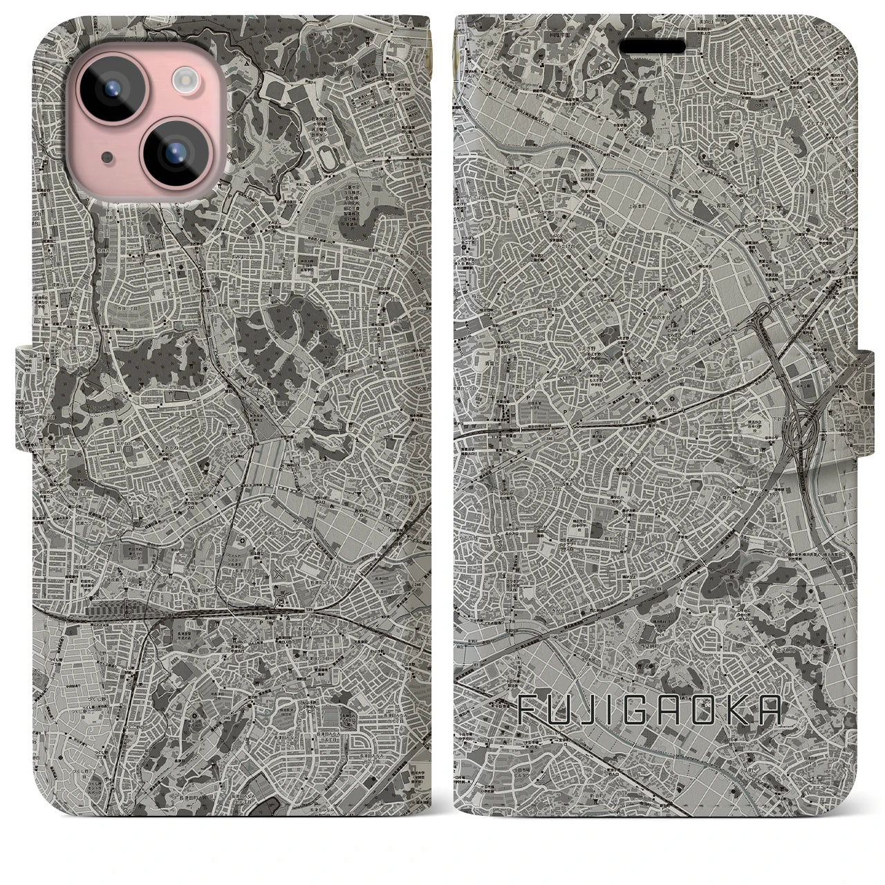 【藤が丘(神奈川県)】地図柄iPhoneケース(手帳タイプ)モノトーン・iPhone 15 Plus 用