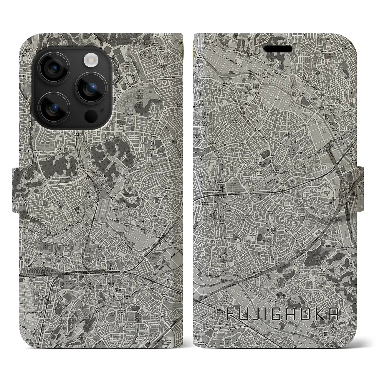 【藤が丘(神奈川県)】地図柄iPhoneケース(手帳タイプ)モノトーン・iPhone 16 用