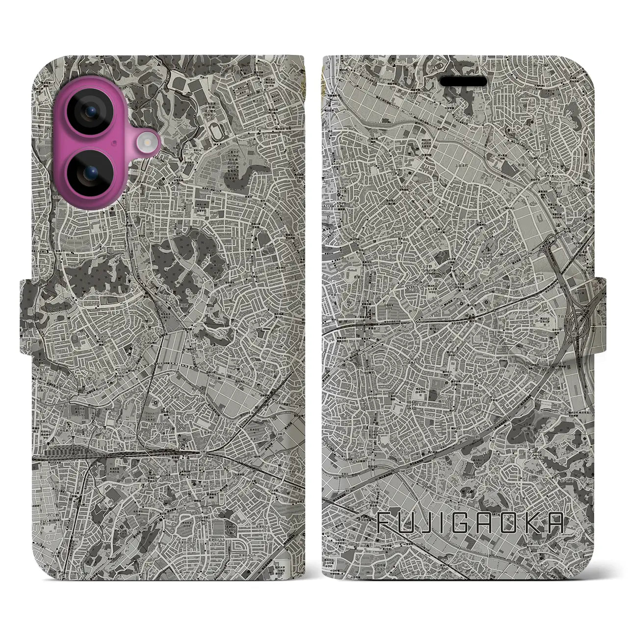 【藤が丘(神奈川県)】地図柄iPhoneケース(手帳タイプ)モノトーン・iPhone 16 Pro 用