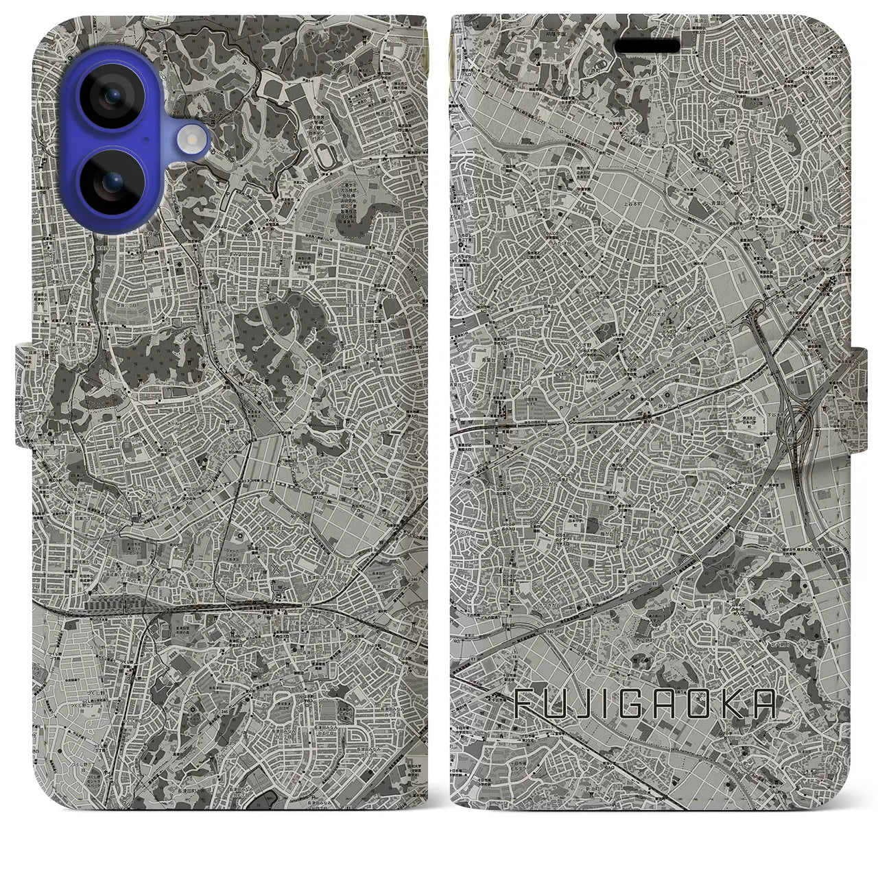 【藤が丘(神奈川県)】地図柄iPhoneケース(手帳タイプ)モノトーン・iPhone 16 Pro Max 用