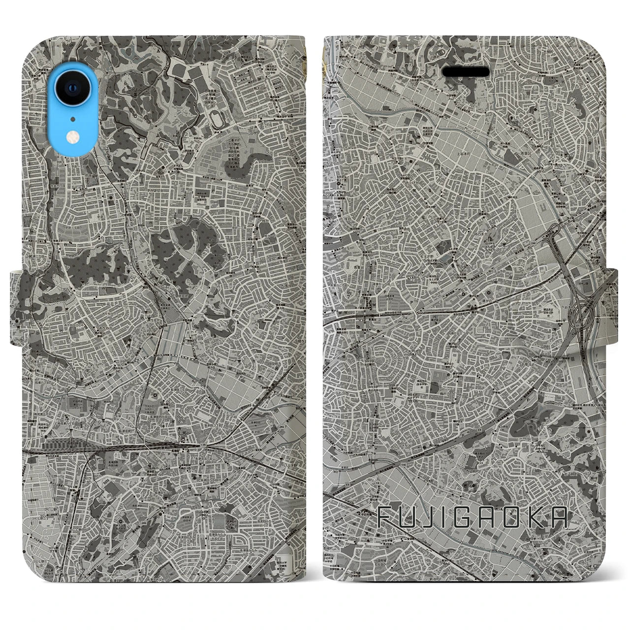 【藤が丘(神奈川県)】地図柄iPhoneケース(手帳タイプ)モノトーン・iPhone XR 用