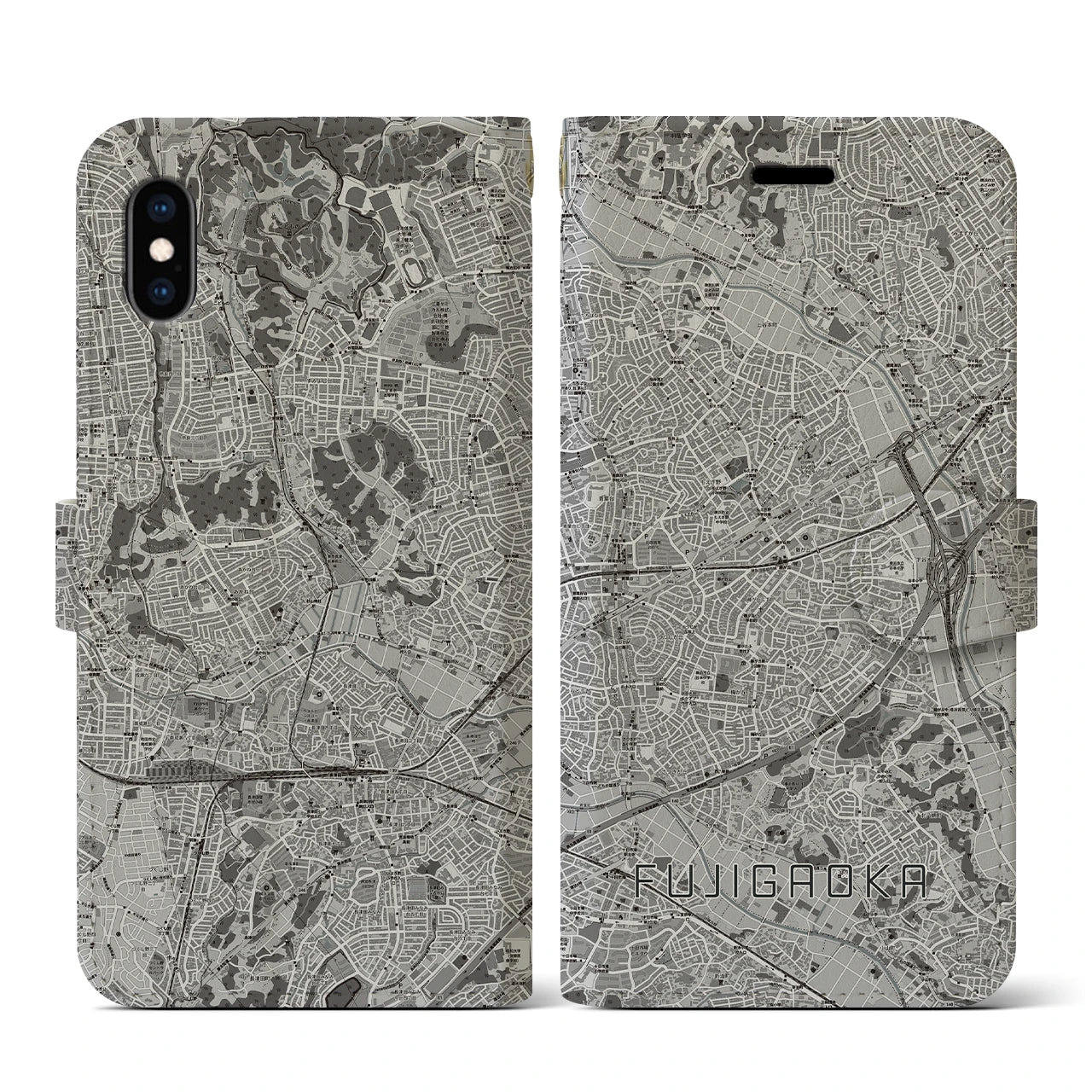 【藤が丘(神奈川県)】地図柄iPhoneケース(手帳タイプ)モノトーン・iPhone XS / X 用