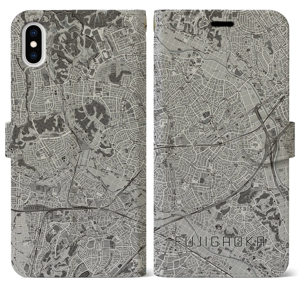 【藤が丘(神奈川県)】地図柄iPhoneケース(手帳タイプ)モノトーン・iPhone XS Max 用