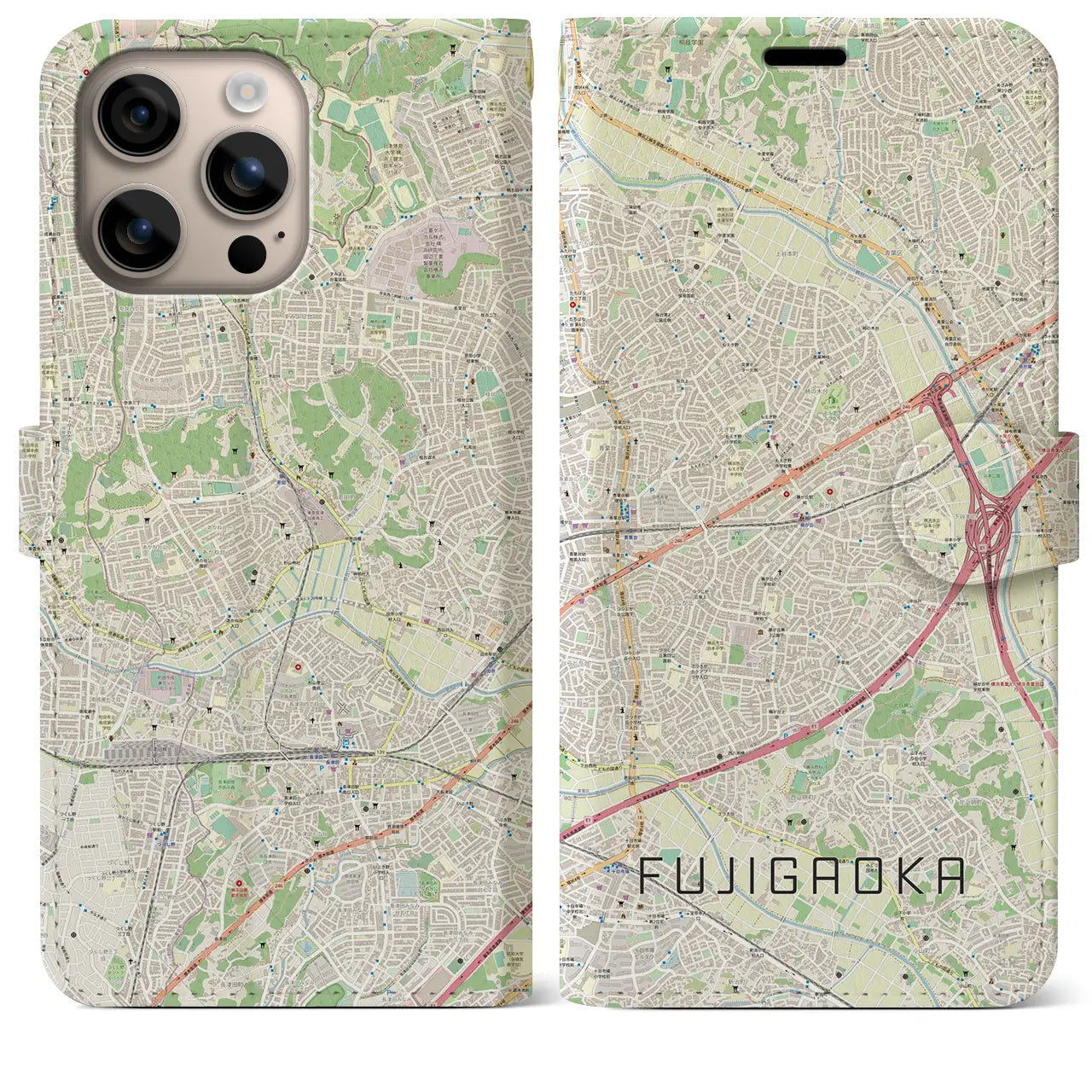 【藤が丘(神奈川県)】地図柄iPhoneケース(手帳タイプ)ナチュラル・iPhone 16 Plus 用