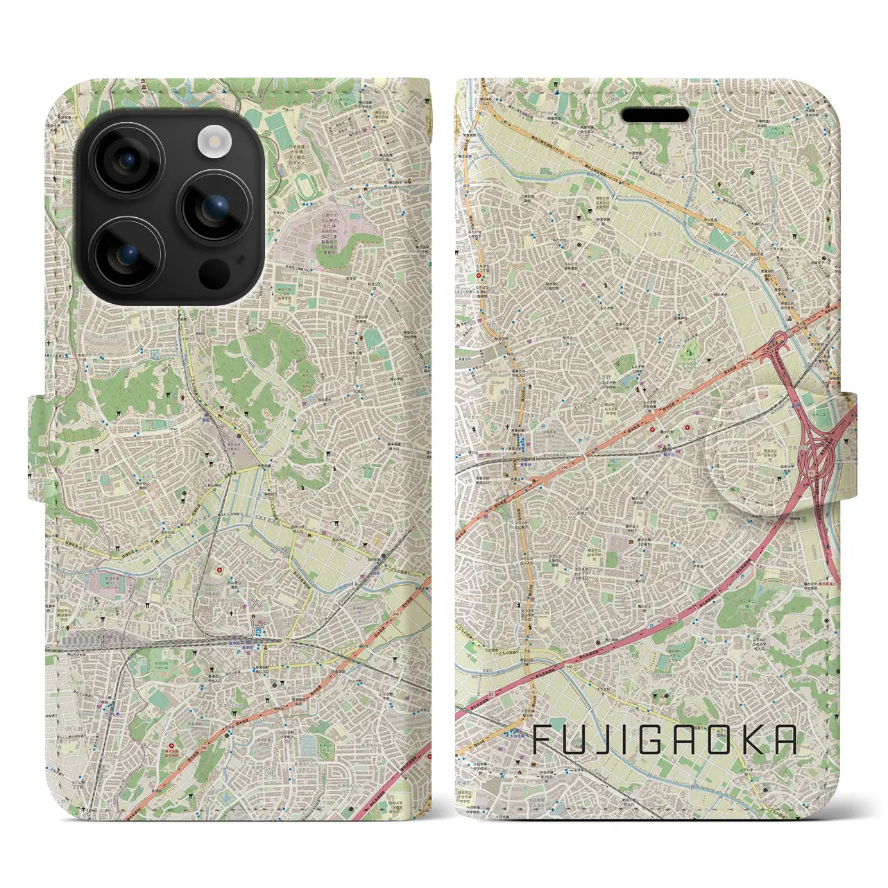 【藤が丘(神奈川県)】地図柄iPhoneケース(手帳タイプ)ナチュラル・iPhone 16 用