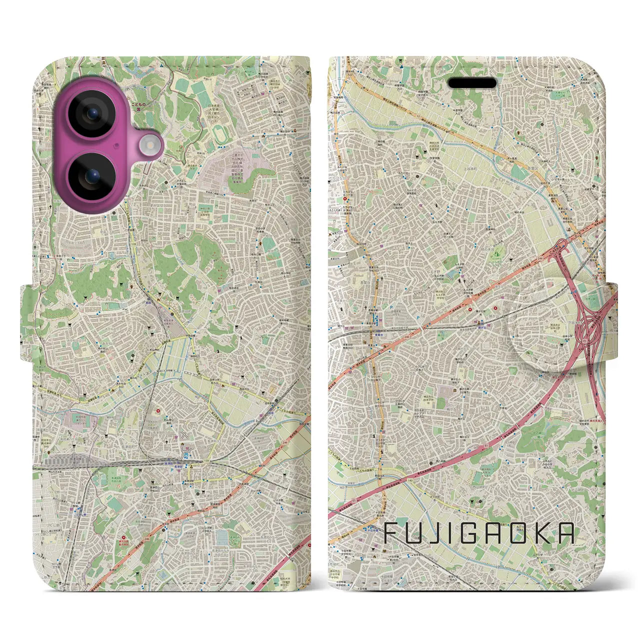 【藤が丘(神奈川県)】地図柄iPhoneケース(手帳タイプ)ナチュラル・iPhone 16 Pro 用