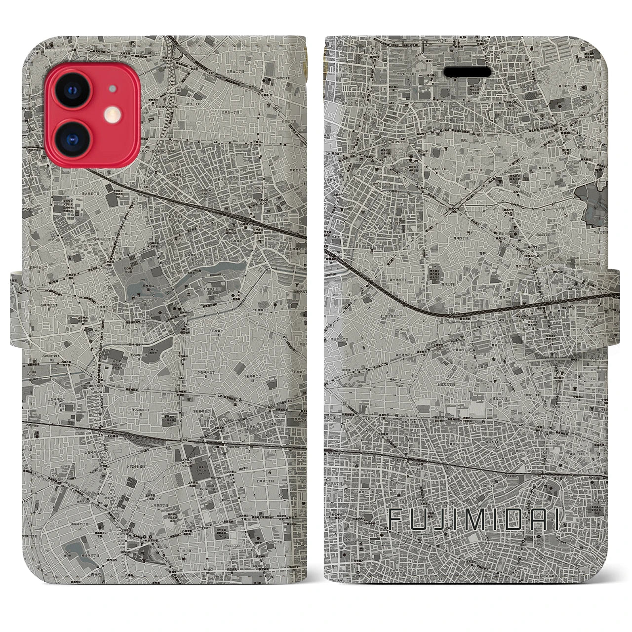 【富士見台(東京都)】地図柄iPhoneケース(手帳タイプ)モノトーン・iPhone 11 用