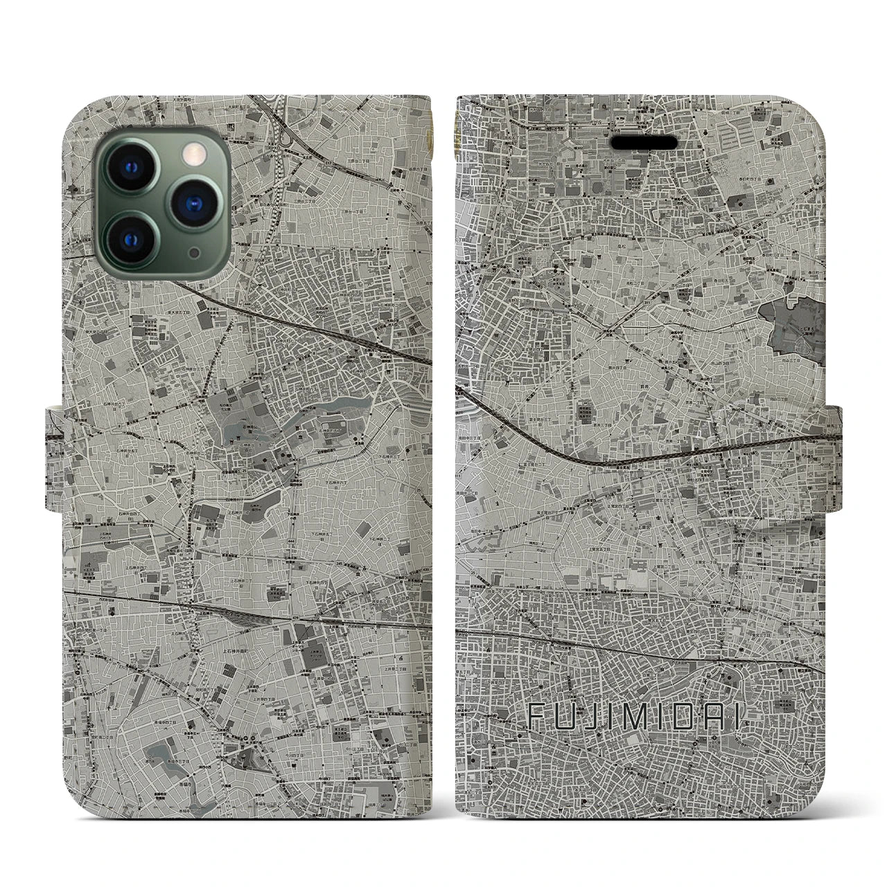 【富士見台(東京都)】地図柄iPhoneケース(手帳タイプ)モノトーン・iPhone 11 Pro 用
