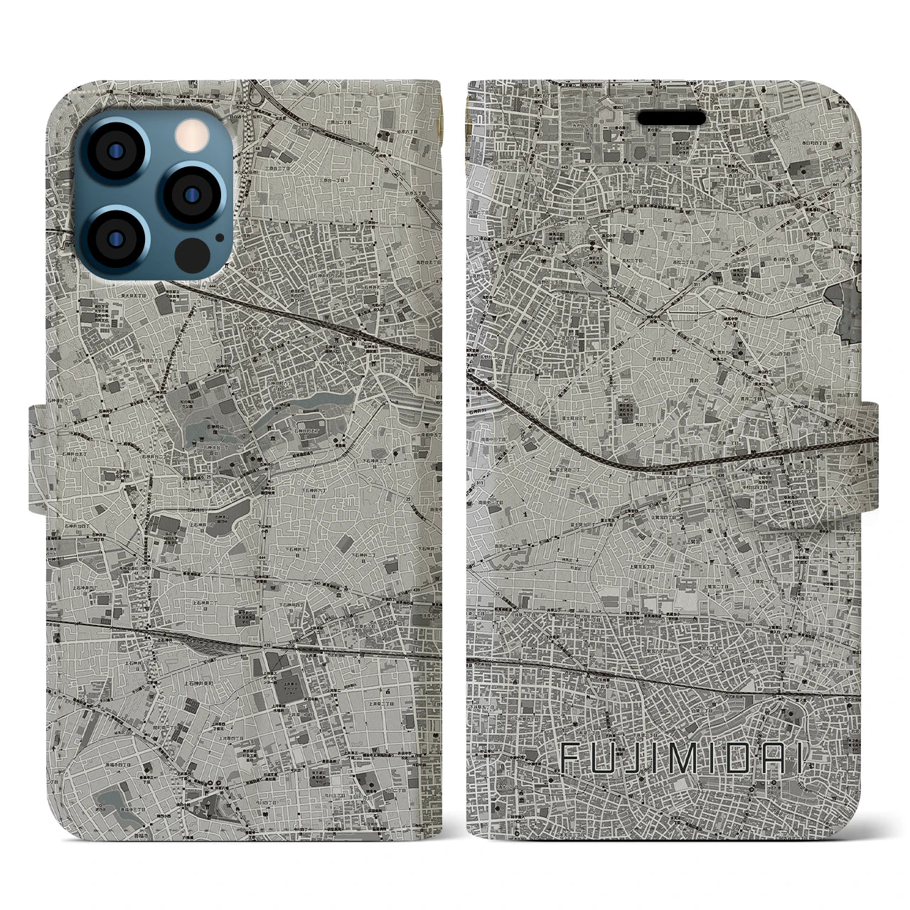 【富士見台(東京都)】地図柄iPhoneケース(手帳タイプ)モノトーン・iPhone 12 / 12 Pro 用