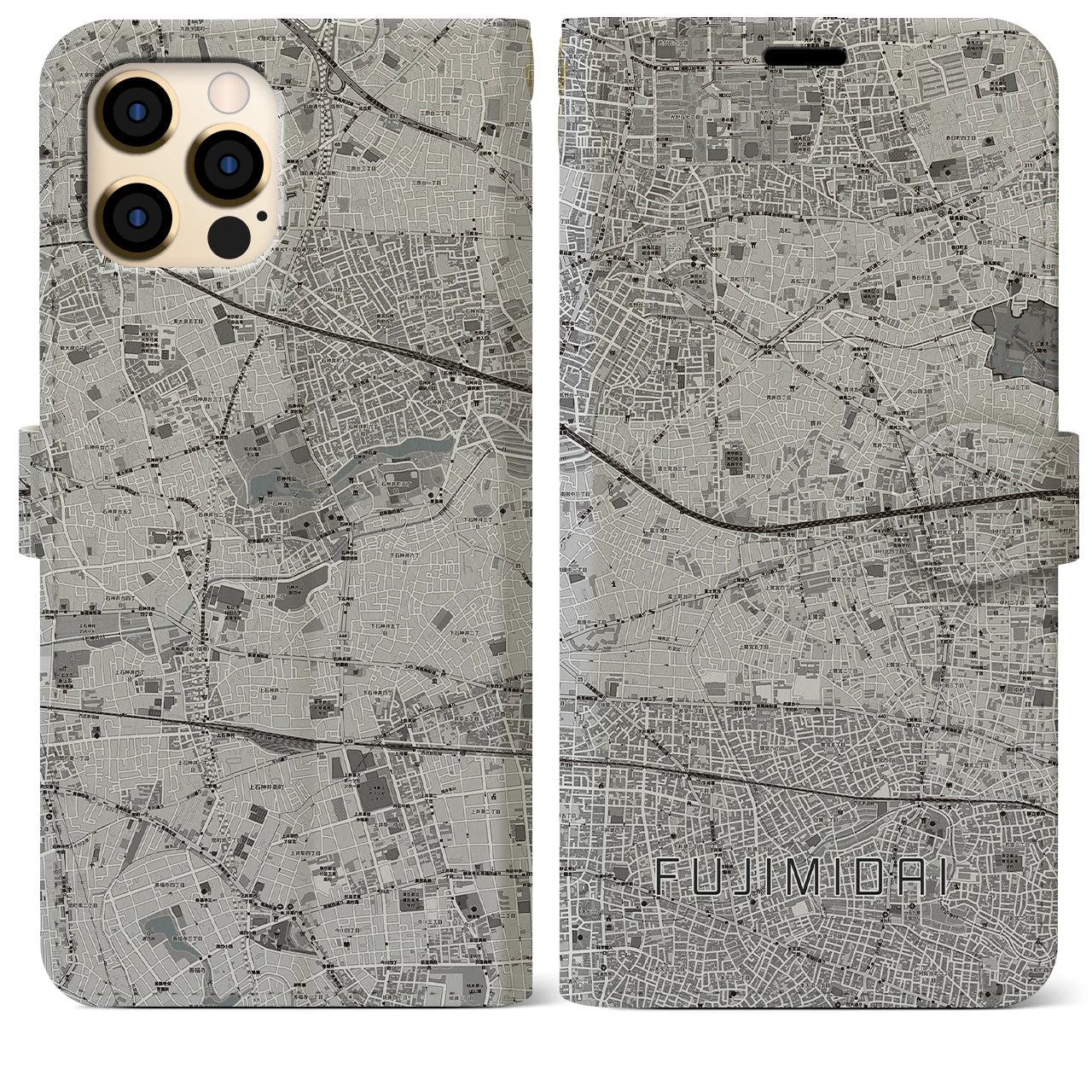 【富士見台(東京都)】地図柄iPhoneケース(手帳タイプ)モノトーン・iPhone 12 Pro Max 用