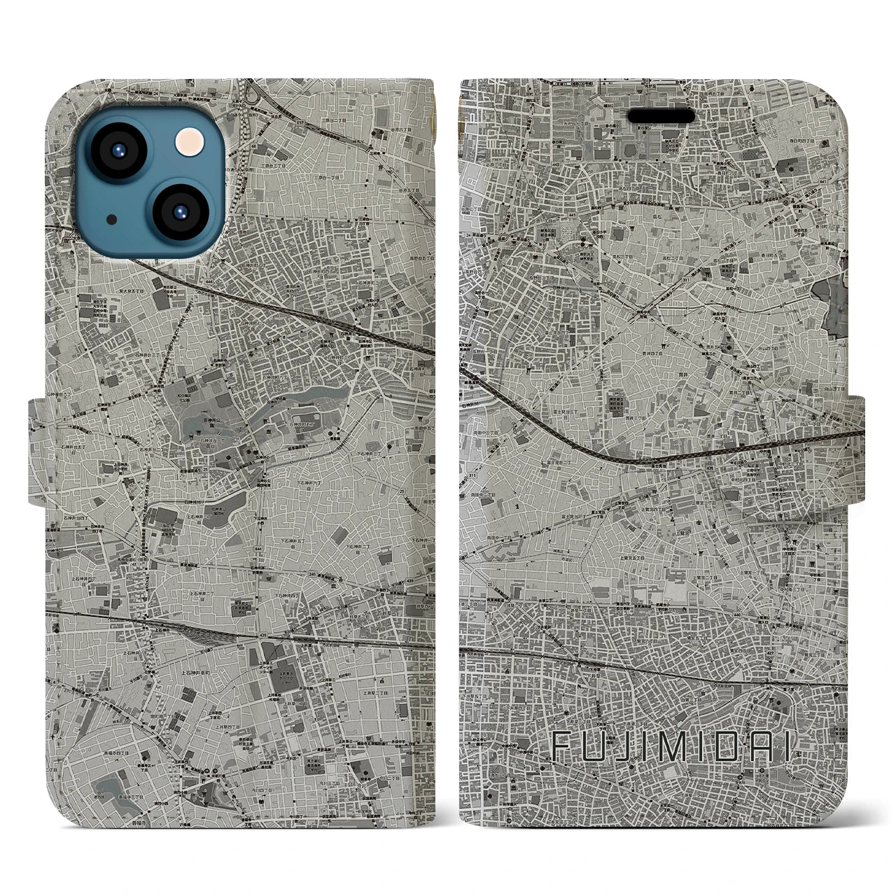 【富士見台(東京都)】地図柄iPhoneケース(手帳タイプ)モノトーン・iPhone 13 用