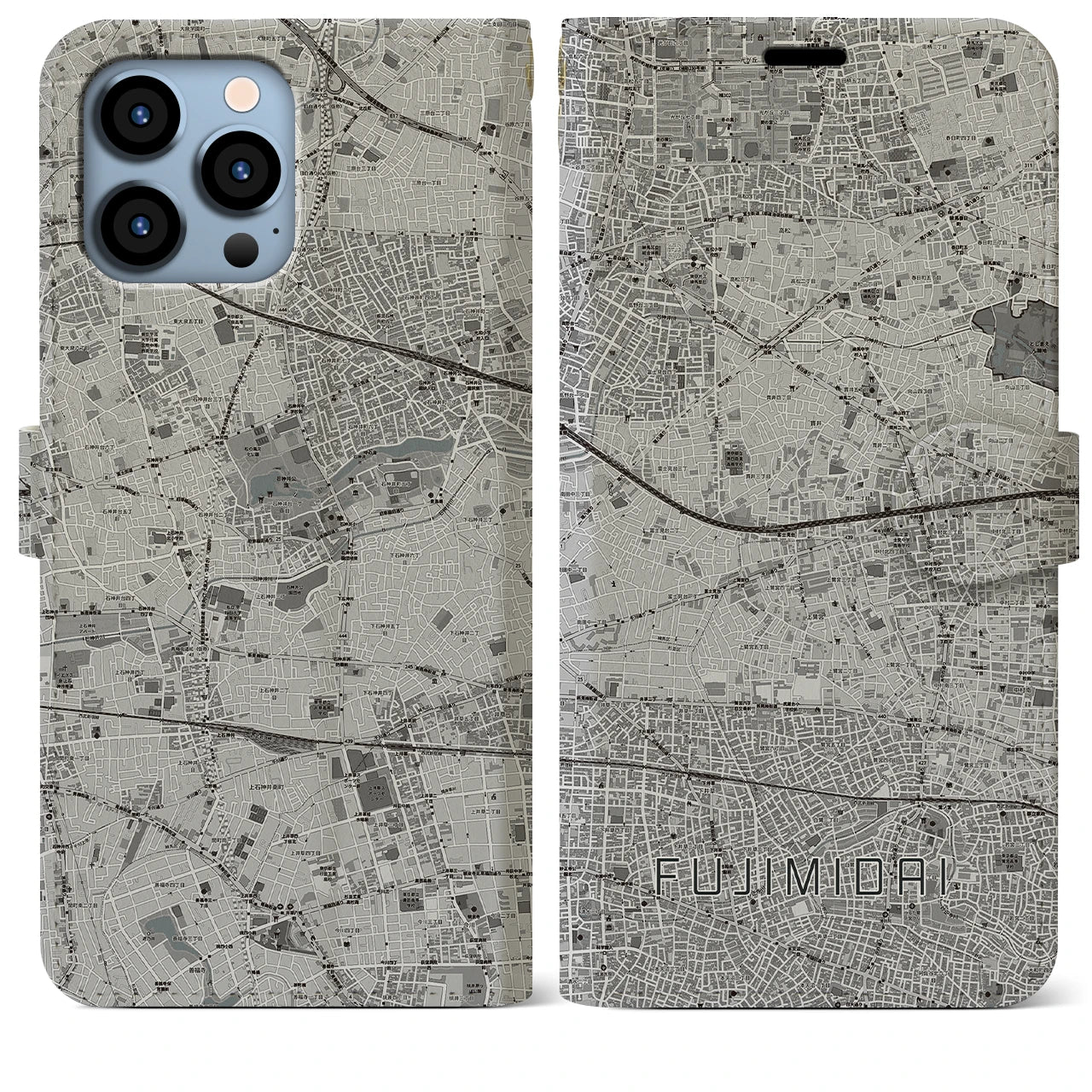 【富士見台(東京都)】地図柄iPhoneケース(手帳タイプ)モノトーン・iPhone 13 Pro Max 用