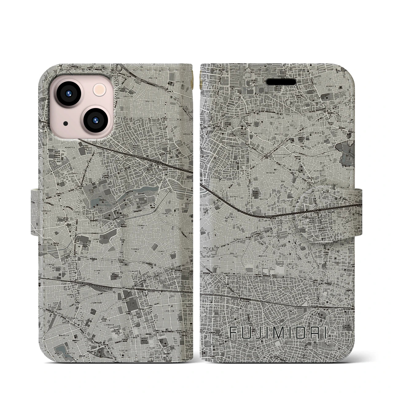 【富士見台(東京都)】地図柄iPhoneケース(手帳タイプ)モノトーン・iPhone 13 mini 用