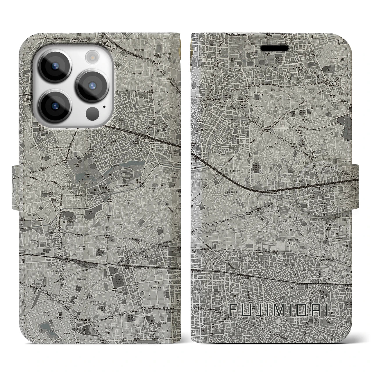 【富士見台(東京都)】地図柄iPhoneケース(手帳タイプ)モノトーン・iPhone 14 Pro 用