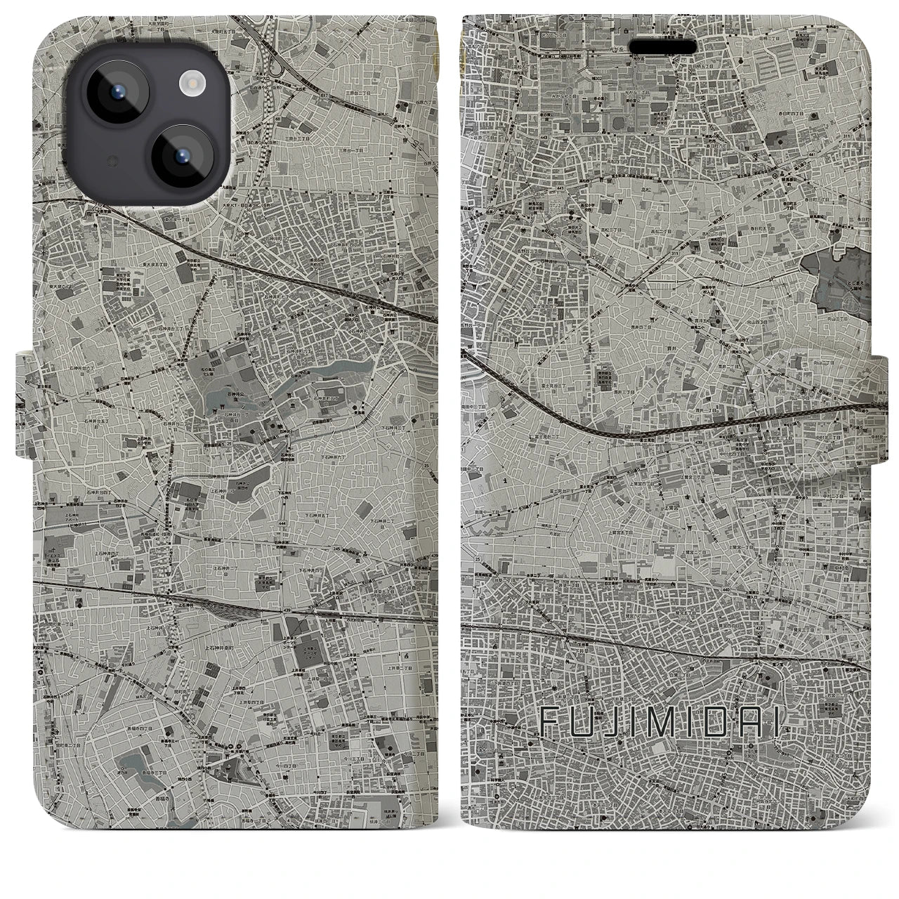 【富士見台(東京都)】地図柄iPhoneケース(手帳タイプ)モノトーン・iPhone 14 Plus 用