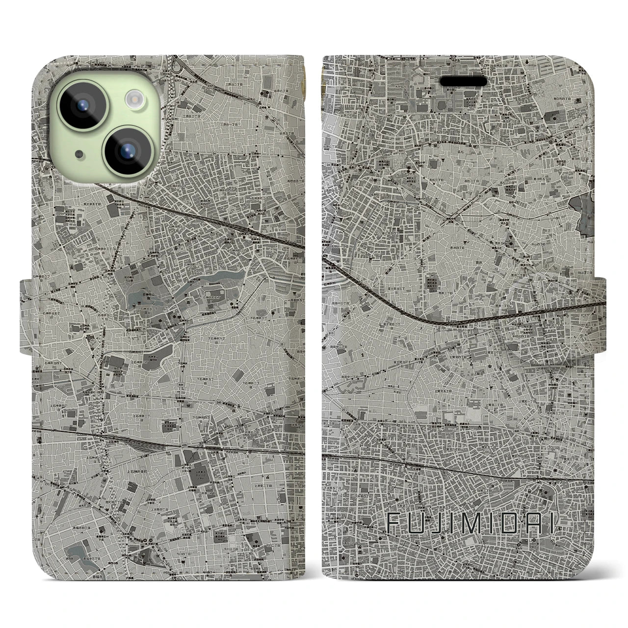 【富士見台(東京都)】地図柄iPhoneケース(手帳タイプ)モノトーン・iPhone 15 用
