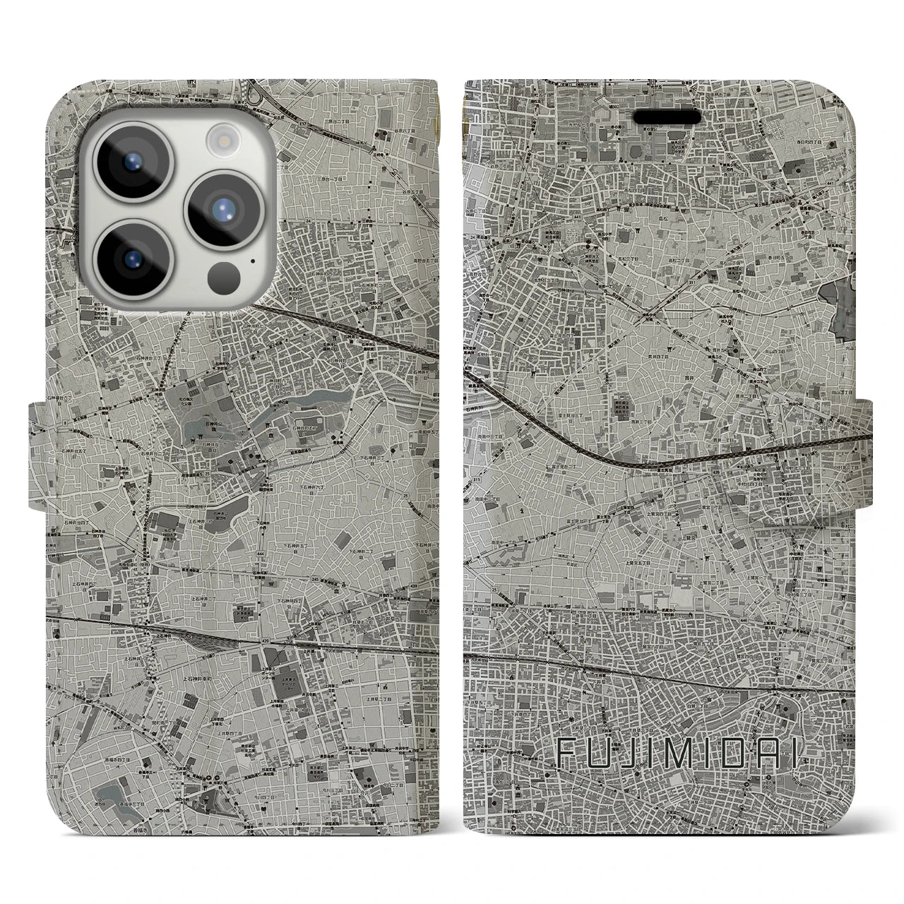 【富士見台(東京都)】地図柄iPhoneケース(手帳タイプ)モノトーン・iPhone 15 Pro 用