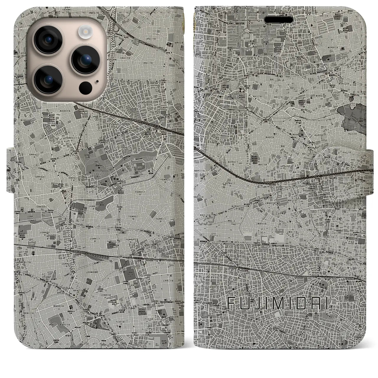 【富士見台(東京都)】地図柄iPhoneケース(手帳タイプ)モノトーン・iPhone 16 Plus 用